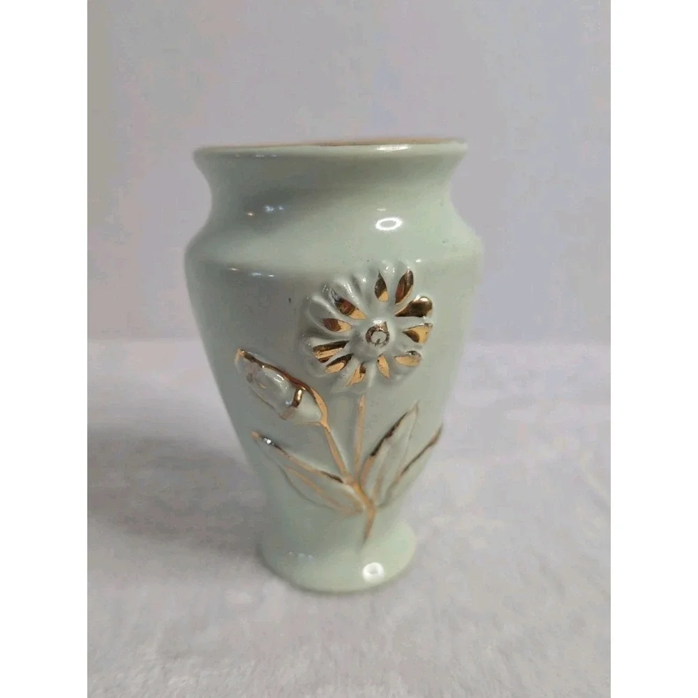 Vintage‎ Vase circa 1940's Green Pottery with Gold Embossed Flowers 4.5 Inch